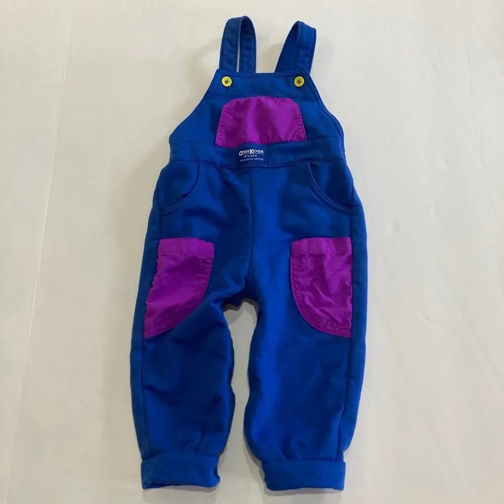 Vintage 90s OshKosh Toddler 24 Months Soft Overalls Blue & Purple Color Block